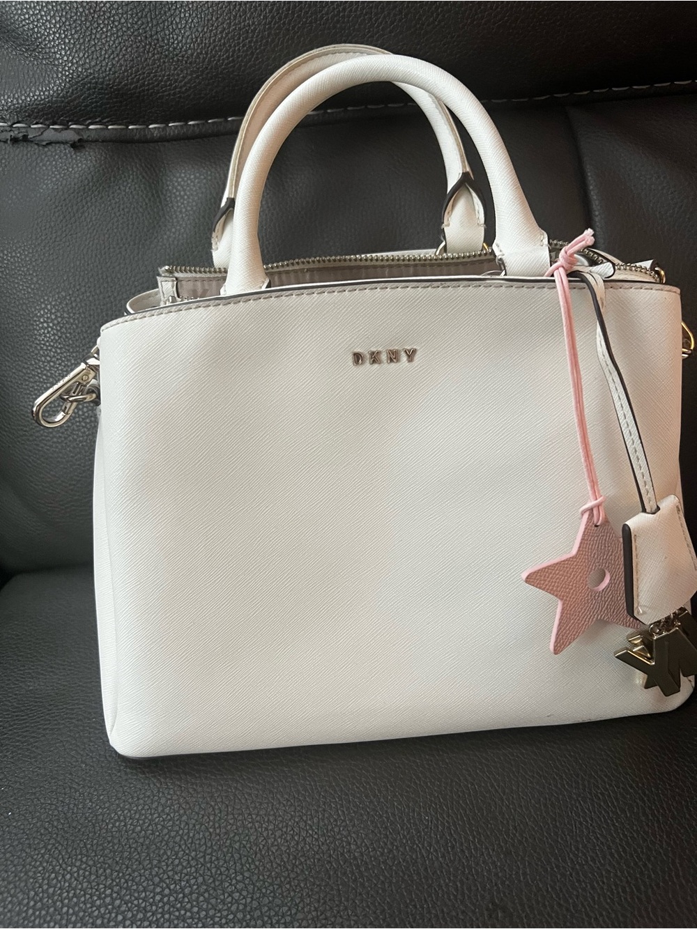 DKNY White Saffiano Leather Satchel with Pink Star Charm